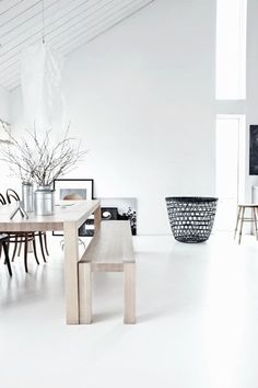 a table and chairs in a room with white walls