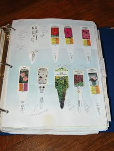 an open notebook with stamps on it sitting on a table