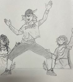 a pencil drawing of three people with arms in the air