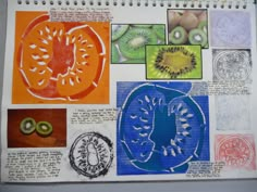 an open notebook with drawings and pictures of fruits, vegetables, and animals on it