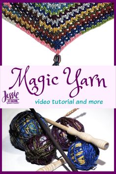 yarn and crochet is shown with the words magic yarn written in purple on it