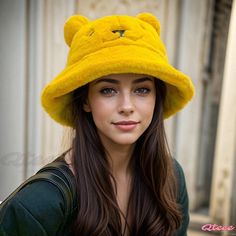 Qteee - Adorable Velvet Fisherman Hat with Cartoon Bear Design Playful Yellow Winter Hat, Cute Yellow Winter Hat, Yellow Novelty Cap Style Hat, Yellow Novelty Cap, Trendy Yellow Hats For Fall, Trendy Yellow Fall Hat, Trendy Yellow Fall Hats, Novelty Curved Brim Winter Hats, Warm Yellow Cap