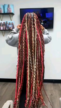 Braids With Curls With Color, Red And Blonde Hair Color Peekaboo Braids, Island Twist Color Combo, Braided Colored Hair, Hairstyles With Color Braids, Cute Color Combinations For Braids, Color Island Twist, Colorful Braids Hairstyles, Twist Braids Hairstyles With Color