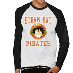 a man wearing a white and black shirt with the words straw hat pirates on it