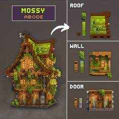 an image of a house made out of wood and mossy materials with instructions to make it