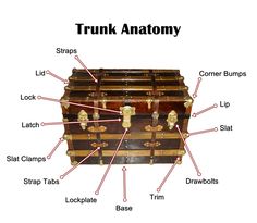 an old trunk labeled with all the parts labelled in it, including names and labels