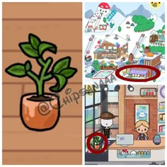 an image of a plant in a pot on the left, and another photo of a building on the right