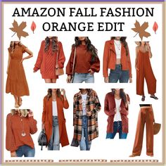 Amazon fall outfit ideas. Orange outfit ideas. Fall outfit inspo. Fall fashion. Sweaters. Tunics. Dresses. Shacket. Plaid. Jumpsuit. Cardigan. Moto jacket. Burnt Orange Jacket Outfit Fall, Orange Plaid Jacket Outfit, Burnt Orange Outfits Female, Rust Shacket Outfit, Rust Jacket Outfit, Rust Cardigan Outfit Fall, Burnt Orange Jacket Outfit, Burnt Orange Cardigan Outfit, Rust Sweater Outfit