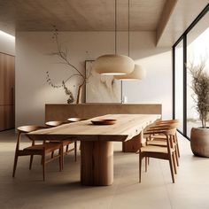 a large wooden table sitting in the middle of a room