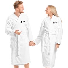 "2Pcs couple's sets. Available in one size fits most;  Women (M FITS US2-8)- Robe Length: 45\"/115cm, Sleeve Length: 21\"/54cm, Bust: 43\"/110cm;  Men (XL FITS US10-16) - Robe Length: 48\"/123cm, Sleeve Length: 24\"/60cm, Bust: 55\"/140cm; EMBROIDERY: Personalized embroidered monograms are His Hers, Mr. Mrs., Queen King, Wifey Hubby, Mom Dad, Groom Bride, Queen King.  We also provide free customization service for you to choose from. Deliver your custom monogrammed robe in 3-5 days. GIFT IDEAS: Matching robe sets will be great wedding gifts, anniversary gifts, engagement gifts, bridal shower gifts, birthday gifts, honeymoon gifts or Christmas gifts for couples. Our cotton robe will be a special keepsake and cherished for years to come not just for their elegance, but also for their incredi Embroidery Personalized, Monogram Robes, Cotton Bathrobe, Terry Cloth Robe, Couples Monogram, Terry Robe, Matching Robes, Honeymoon Gifts, Men's Robes