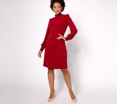 Look effortlessly elegant and carefree in this breezy mock-neck dress. Blouson sleeves add to the lightweight, airy feel of this frock. Pair with classic pumps to complete the outfit. From Susan Graver. Blouson Sleeve, Mock Neck Dress, Susan Graver, Classic Pumps, The Outfit, Mock Neck, Dress Skirt, Neck Dress, Pumps