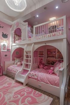 a bedroom with bunk beds and pink carpeted flooring in the middle of it