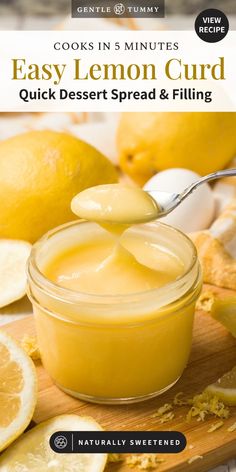 lemon curd in a jar with spoon on cutting board next to sliced lemons