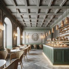 the interior of a restaurant with tables and chairs