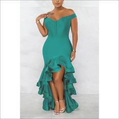 This Off The Shoulder Ruffle Train Hi-Lo Maxi Dress is an ideal choice for a special occasion. It is crafted from a luxurious fabric with an alluring silhouette, featuring an off-the-shoulder neckline, exaggerated train ruffle detailing, and a hi-lo hem for a graceful look. Perfect for standing out in the crowd in a sophisticated, feminine style. Decoration Zip Up , Ruffles Length Floor-Length Style Sexy & Club Fabric Type Blended fabrics Material Polyester , Spandex Neckline Off the Shoulder Pattern Type Solid Silhouette Asymmetrical Sleeve Length Short Season Summer Fabric Slight Stretch Shoulder Ruffle Dress, Fitted Maxi Dress, Luxurious Fabric, Vintage Maxi Dress, Summer Fabrics, Evening Attire, Summer Maxi Dress, Flowing Maxi Dress, Glamorous Evening Gowns