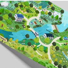 an illustrated map of a park with lots of green trees and houses on the land