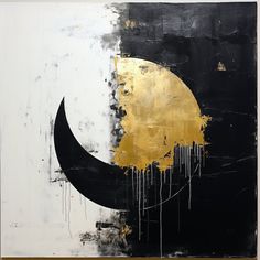 an abstract painting with black, gold and white paint drips down the side of it