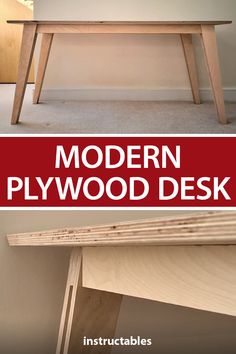 a wooden desk with the words modern plywood desk on it and an image of a table