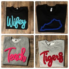 This listing is for 1 custom chenille yarn embroidered sweatshirt.  We can do several different color combinations.  Just add the personalization wanted. This listing is for words up to 6 letters. We do offer customs for words more than 6 letters at the listing below. https://sassycraftsinky.etsy.com/listing/1757163400 When checking out please leave the color of yarn by putting the number and the letter and the word needed.  If requesting initials we will use print and if it is a word we use cur Black Custom Embroidered Tops For College, College Fleece Tops With Custom Embroidery, College Tops With Custom Embroidery In Fleece, Chenille Sweatshirt, 6 Letter Words, Applique Sweatshirt, Jumbo Yarn, Monogram Sweatshirt, Black Shirts