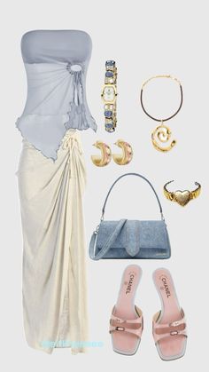 a woman in a white dress and accessories including shoes, sandals, bracelets and purse