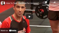 a man standing in front of a barbell with the words how to tape your knee for