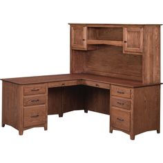 a wooden desk with drawers and cupboards