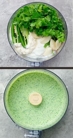 two pictures showing the process of making broccoli soup in a food processor, and then being blended