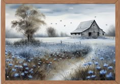 a painting of a barn in the country with blue flowers and birds flying over it