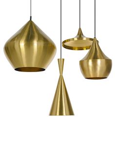 three gold vases hanging from the ceiling in different shapes and sizes, with one being suspended