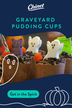 some cupcakes with ghost decorations on them and the words graveyard pudding cups get in the spirit