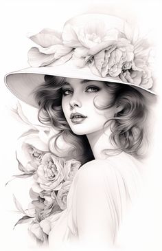 a drawing of a woman wearing a hat with flowers on it