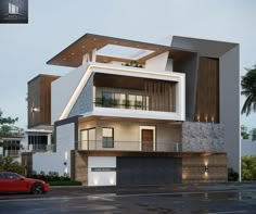 a car is parked in front of a modern house