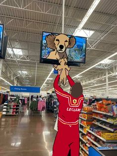 a cartoon dog wearing a red shirt and pants is standing in the middle of a store aisle