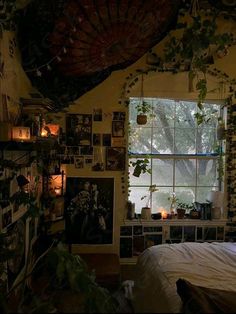 a bedroom with lots of plants and pictures on the wall next to the bed in it