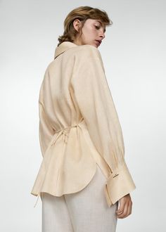 Linen shirt with bow detail Classic Linen Shirt For Office, Elegant Formal Linen Tops, Elegant Linen Blouse With Spread Collar, Elegant Linen Blouse For Work, Elegant Linen Office Top, Elegant Linen Tops For Office, Long Sleeve Linen Office Tops, Long Sleeve Linen Tops For Office, Linen Workwear Blouse With Collar