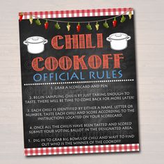 a chalkboard sign that says chili cookoff official rules on the front and back