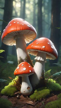 two mushrooms sitting on the ground next to each other in the forest with green grass and trees behind them