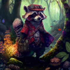 a painting of a raccoon wearing a hat and carrying a bag in the woods