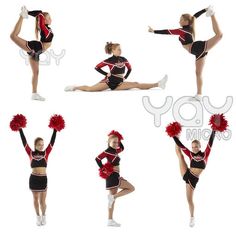 the cheerleader is doing different poses in her uniform and holding pom - poms