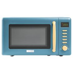 a blue microwave oven sitting on top of a white counter