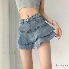 Lasaky - High Waisted Denim Skirt with Chic Inner Lining and Stylish Ruffled Hemline Denim Skirt Aesthetic, How To Style Culottes, Skirt Aesthetic, A Line Denim Skirt, Comfortable Skirts, High Waisted Denim Skirt, Skirt Y2k, Jean Mini Skirts, Ball Gown Skirt