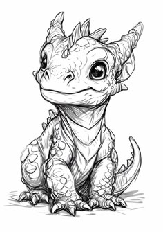 a drawing of a baby dragon sitting on the ground with its head turned to look like it