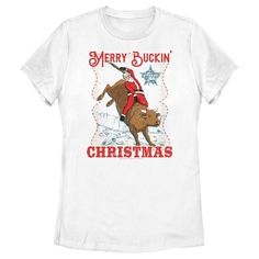 Get in on all the action with PBR gear for the whole family from the most popular discipline in rodeo, Professional Bull Riding! Watch along in style as all your favorite cowboys compete for cash prizes with this Professional Bull Riders Merry Buckin' Christmas Women's Graphic T-Shirt featuring Santa Claus riding a wild bull framed by the phrase: "Merry Buckin' Christmas" in distressed red lettering. Grab some Professional Bull Riders apparel this holiday and let the good times begin! Christmas Tshirts For Women Western, Wild Bull, White Screen Print T-shirt For Rodeo, Vintage Relaxed Fit T-shirt For Rodeo, Graphic Print Crew Neck T-shirt For Rodeo, Retro Rodeo T-shirt With Screen Print, Professional Bull Riders, Bull Riders, Bull Riding