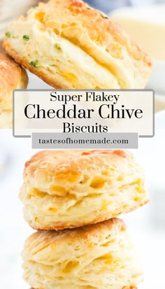 three biscuits stacked on top of each other with the words super flaky cheddar