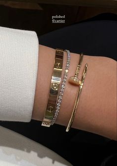 Stacked Wrist Bracelets, Luxury Bracelet Stack Gold, Aesthetic Bracelet Stack, Cute Bracelet Stacks, Cartier Bracelet Stack, Alyssa Lenore, Bracelets Stack