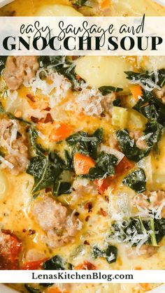 an easy sausage and spinach soup in a white bowl