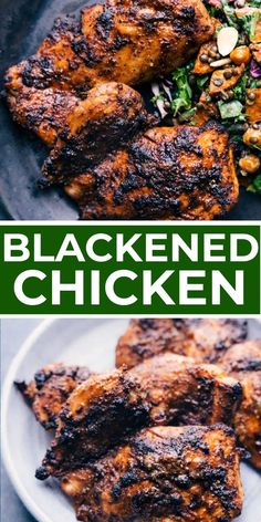 grilled chicken on a white plate with greens and nuts next to the words, blackened chicken