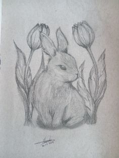 a pencil drawing of a bunny sitting in front of some tulips and flowers