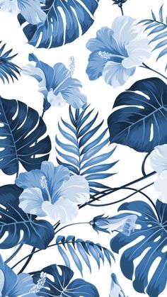 blue and white tropical leaves on a white background