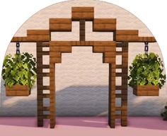 an arch made out of wood with plants hanging from the top and two potted plants on each side